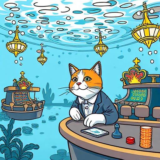 Bizarre AI drawing showing an underwater casino with a cat in a business suit, too complex for any reasonable guessing game