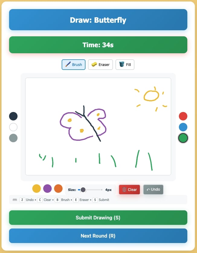 Fast Draw AI drawing game butterfly speed run gameplay screenshot showing 15 second completion time
